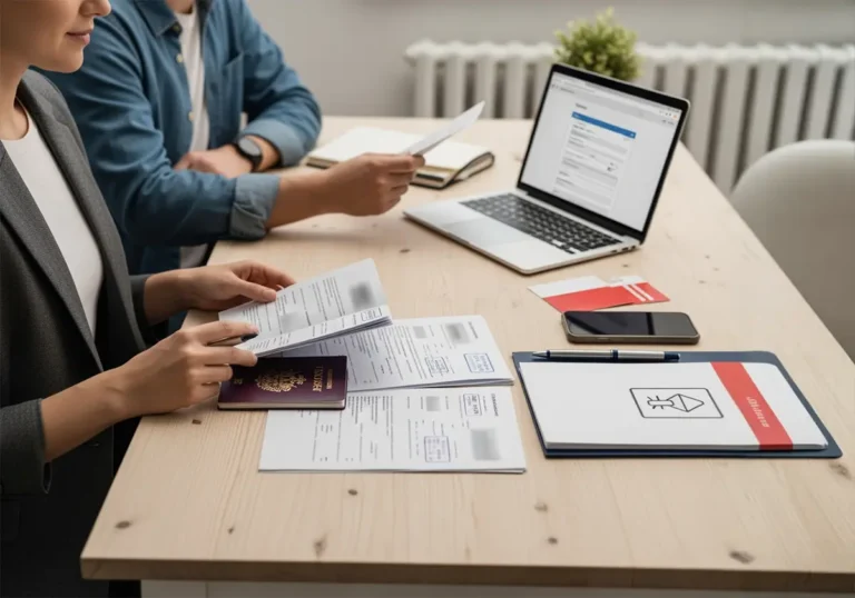 Two people reviewing documents before coming to Poland: passport, official papers and a laptop form, preparing for relocation (Non-EU, 2026).