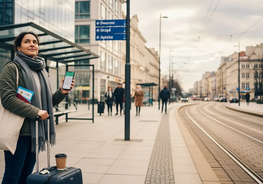 A non-EU newcomer in Poland stands at a tram stop with a suitcase and a phone map; Polish signposts point to Dworzec, Urzad, and Apteka.